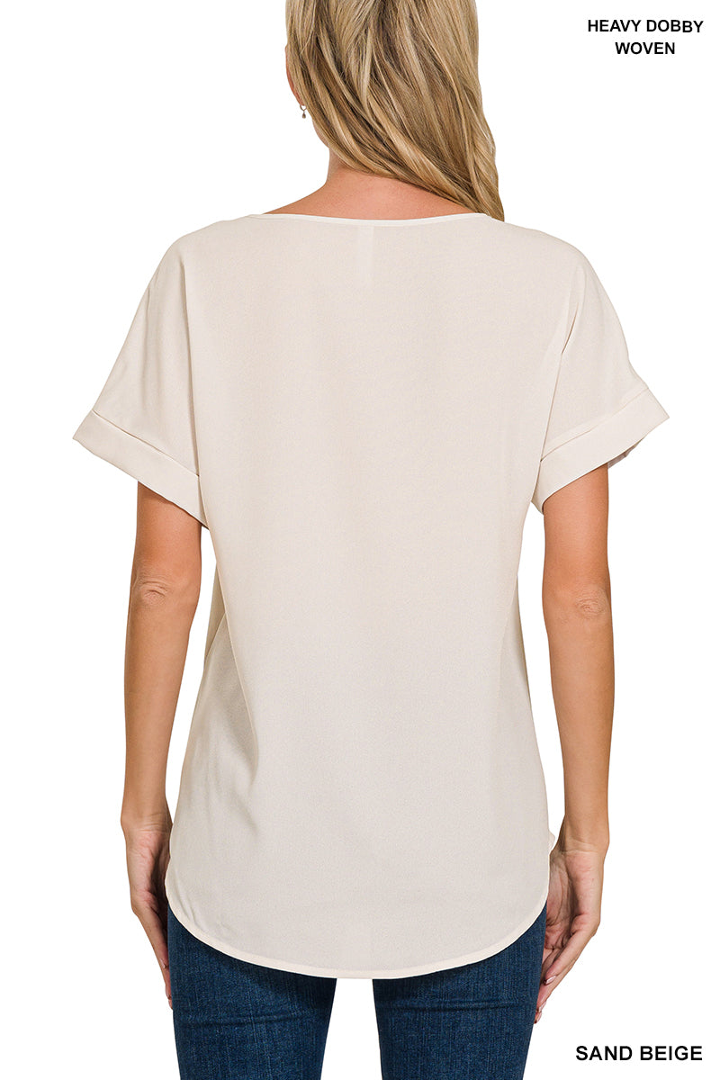 Zenana Top Woven Rolled Sleeve V-Neck - Sand Beige - PinkPro Beauty Supply
