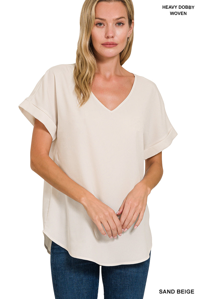 Zenana Top Woven Rolled Sleeve V-Neck - Sand Beige - PinkPro Beauty Supply