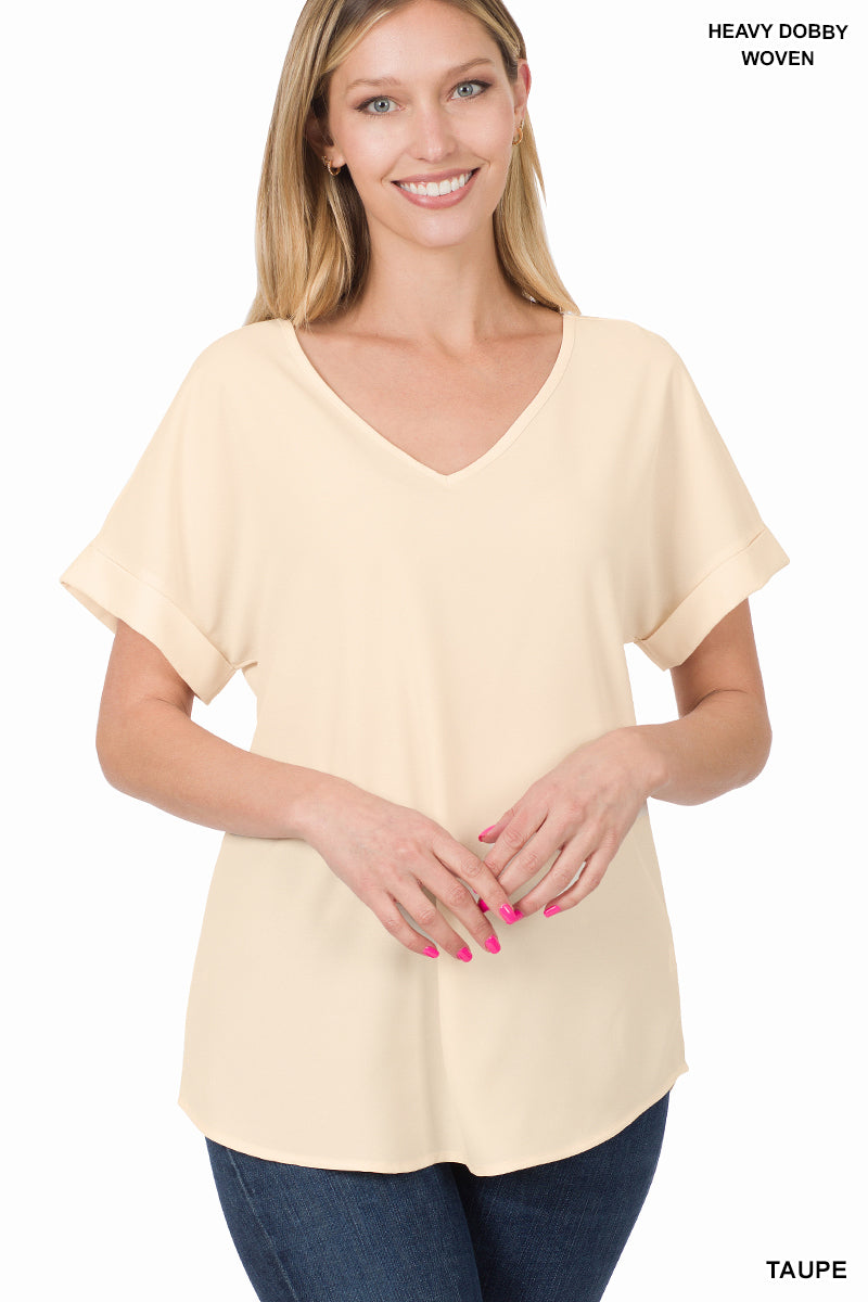 Zenana Top Woven Rolled Sleeve V-Neck - Taupe - PinkPro Beauty Supply