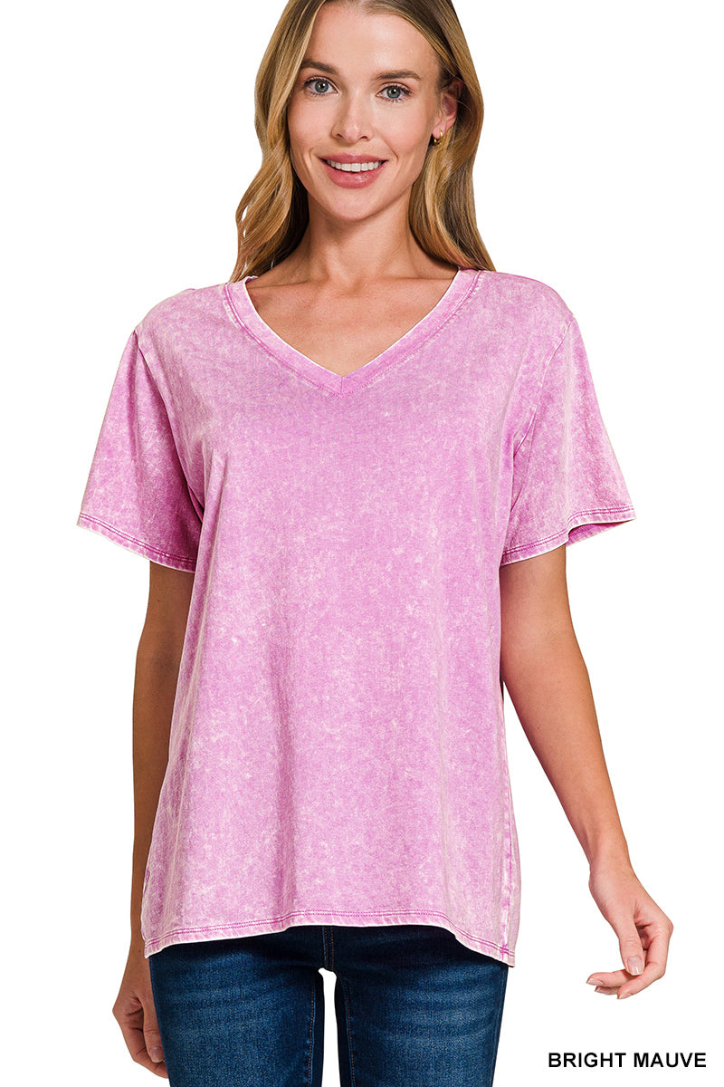 Zenana Top V-Neck Acid Wash Short Sleeve - Bright Mauve - PinkPro Beauty Supply