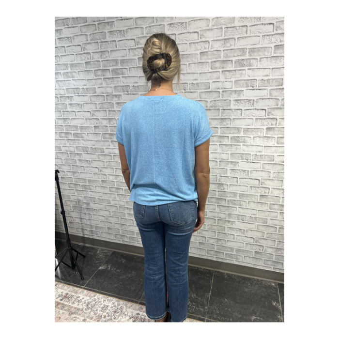 Zenana Soft Melange Hacci Short Sleeve Top - Folded Sleeve Detail Deep Sky - PinkPro Beauty Supply