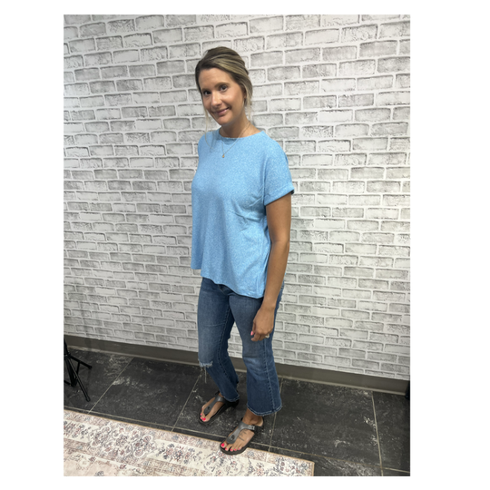 Zenana Soft Melange Hacci Short Sleeve Top - Folded Sleeve Detail Deep Sky - PinkPro Beauty Supply