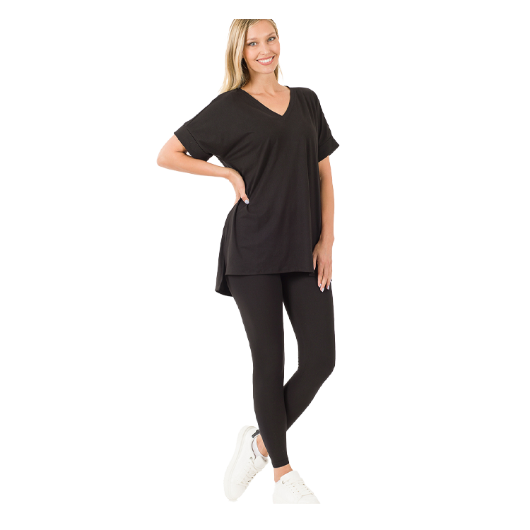 Zenana Microfiber Apparel Set V-Neck Black - PinkPro Beauty Supply