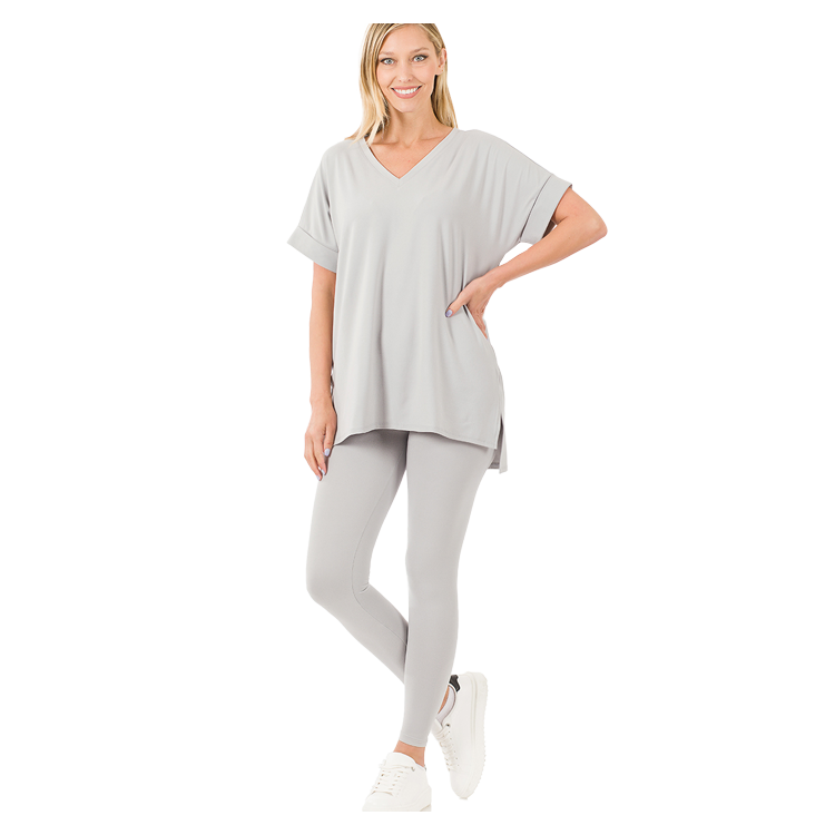 Zenana Microfiber Apparel Set V-Neck Light Grey - PinkPro Beauty Supply