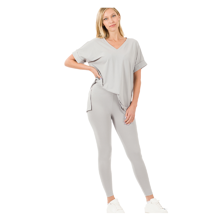 Zenana Microfiber Apparel Set V-Neck Light Grey - PinkPro Beauty Supply