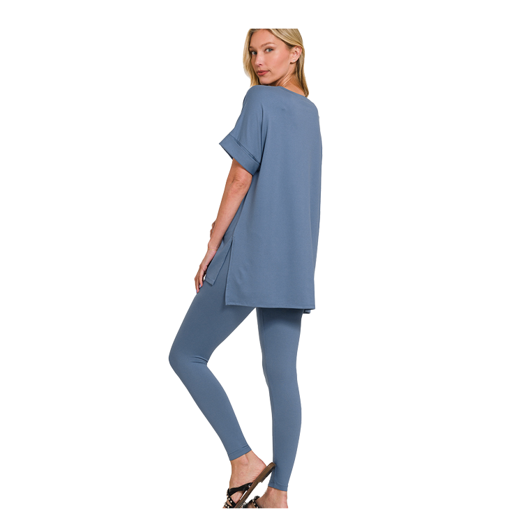 Zenana Microfiber V-neck Apparel Set Dusty Blue Zenana
