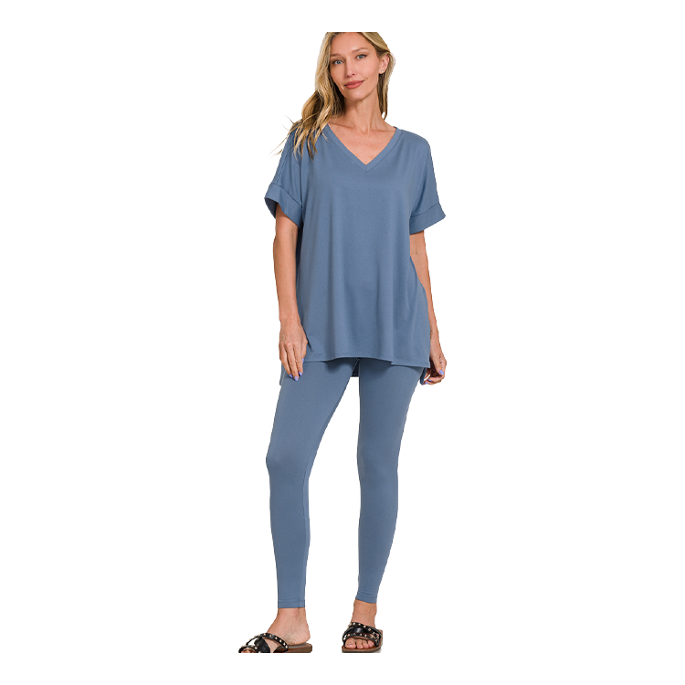 Zenana Microfiber V-neck Apparel Set Dusty Blue Zenana