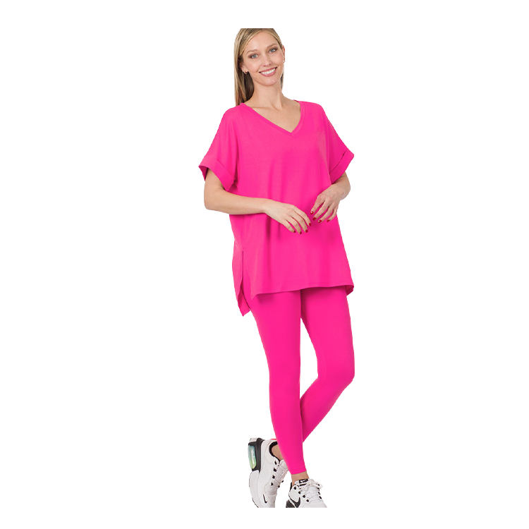 Zenana Microfiber Apparel Set V-Neck Hot Pink - PinkPro Beauty Supply