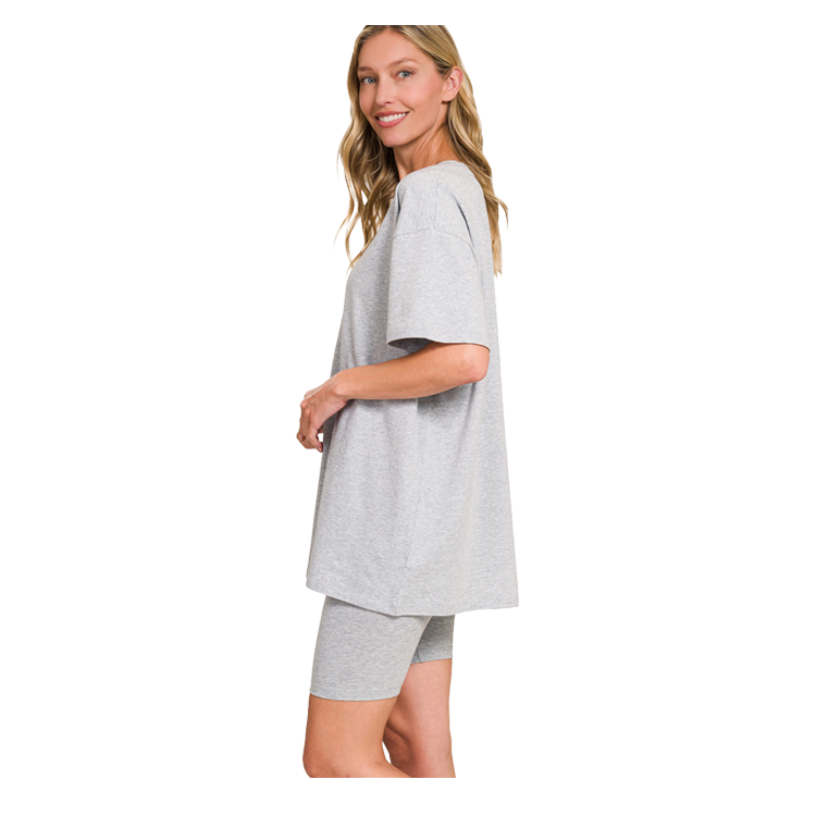 Zenana Cotton Round Neck Top & Biker Shorts Heather Grey Zenana