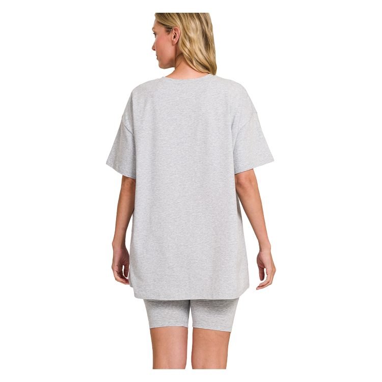 Zenana Cotton Round Neck Top & Biker Shorts Heather Grey Zenana