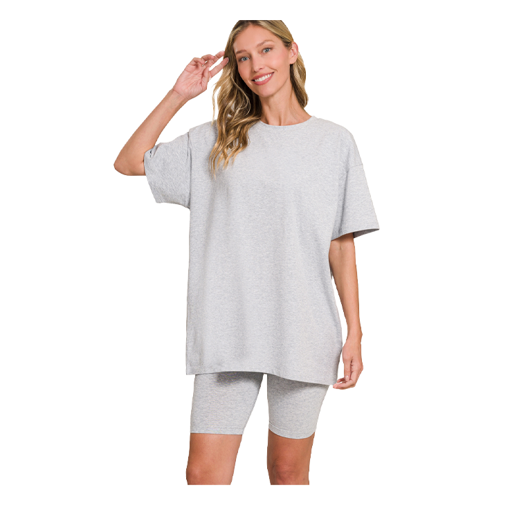 Zenana Cotton Round Neck Top & Biker Shorts Heather Grey Zenana
