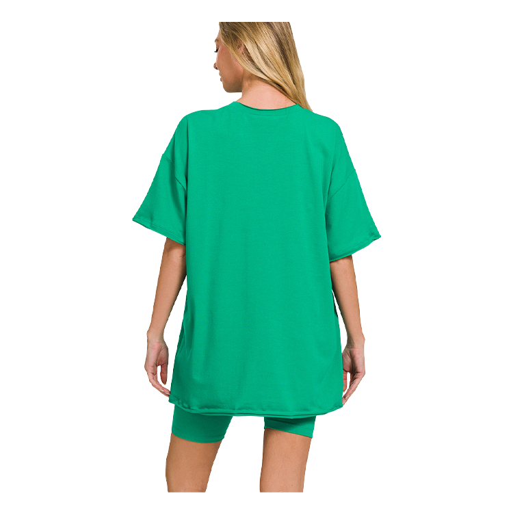 Zenana Cotton Round Neck Top & Biker Shorts Kelly Green - PinkPro Beauty Supply