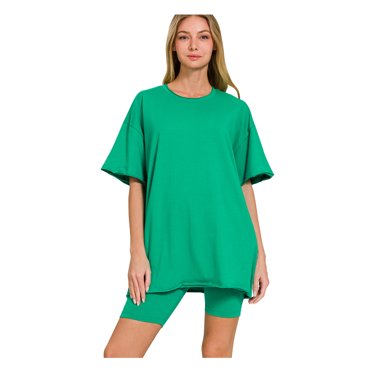 Zenana Cotton Round Neck Top & Biker Shorts Kelly Green - PinkPro Beauty Supply
