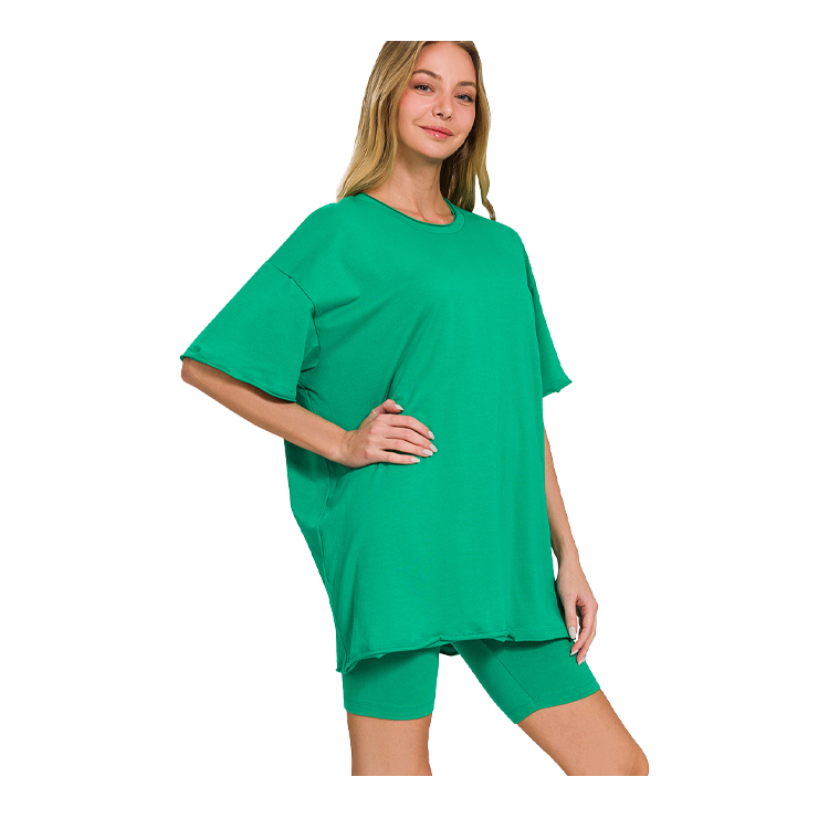 Zenana Cotton Round Neck Top & Biker Shorts Kelly Green - PinkPro Beauty Supply