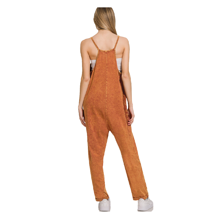 Zenana Washed Spaghetti Straps Overalls With Pockets Rust - PinkPro Beauty Supply