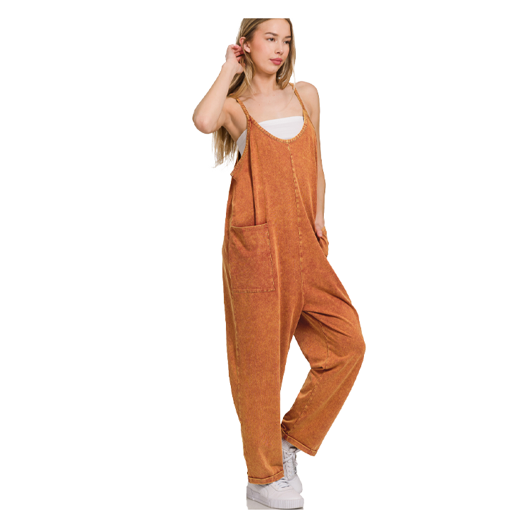 Zenana Washed Spaghetti Straps Overalls With Pockets Rust - PinkPro Beauty Supply