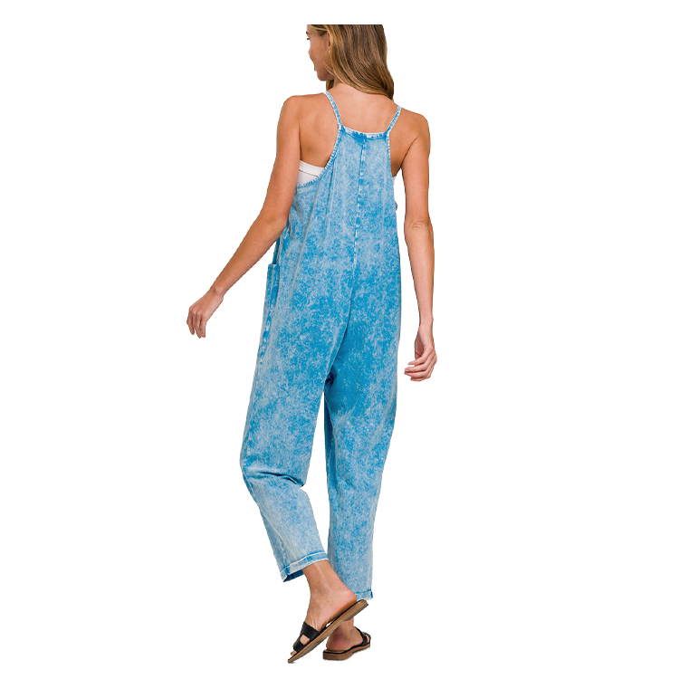 Zenana Washed Spaghetti Straps Overalls With Pockets Ocean Blue - PinkPro Beauty Supply