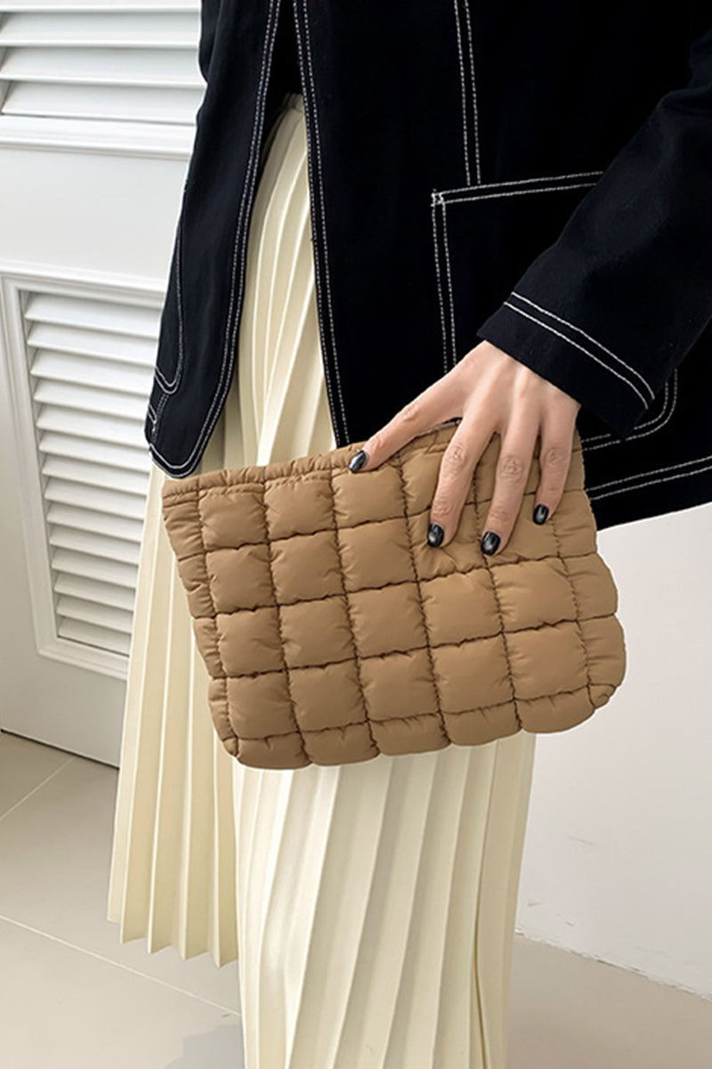 Zenana Quilted Puffy Pouch Clutch Cosmetic Bag - Mocha