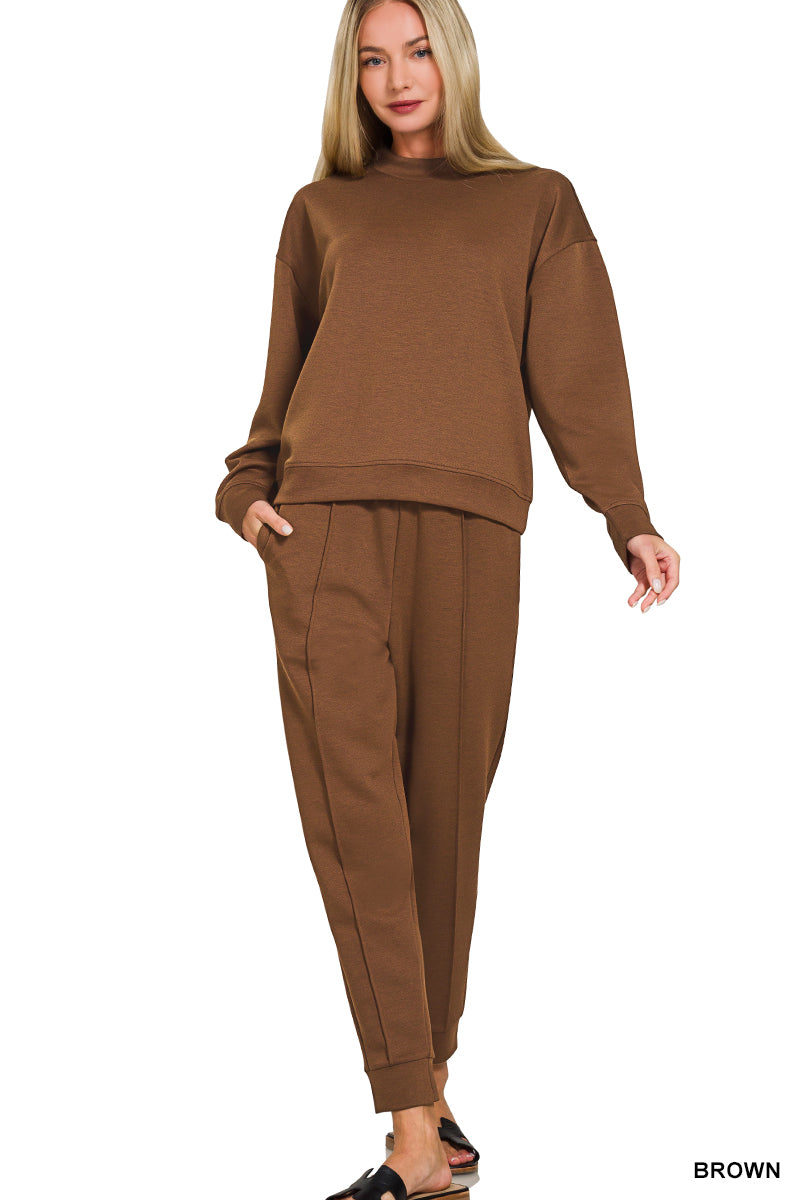 Zenana Scuba Mock Neck Pullover & Jogger Set Brown