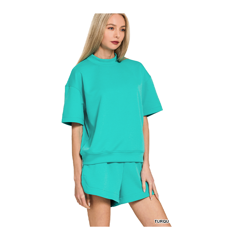 Zenana Scuba High Neck Top & Dolphin Shorts Turquoise
