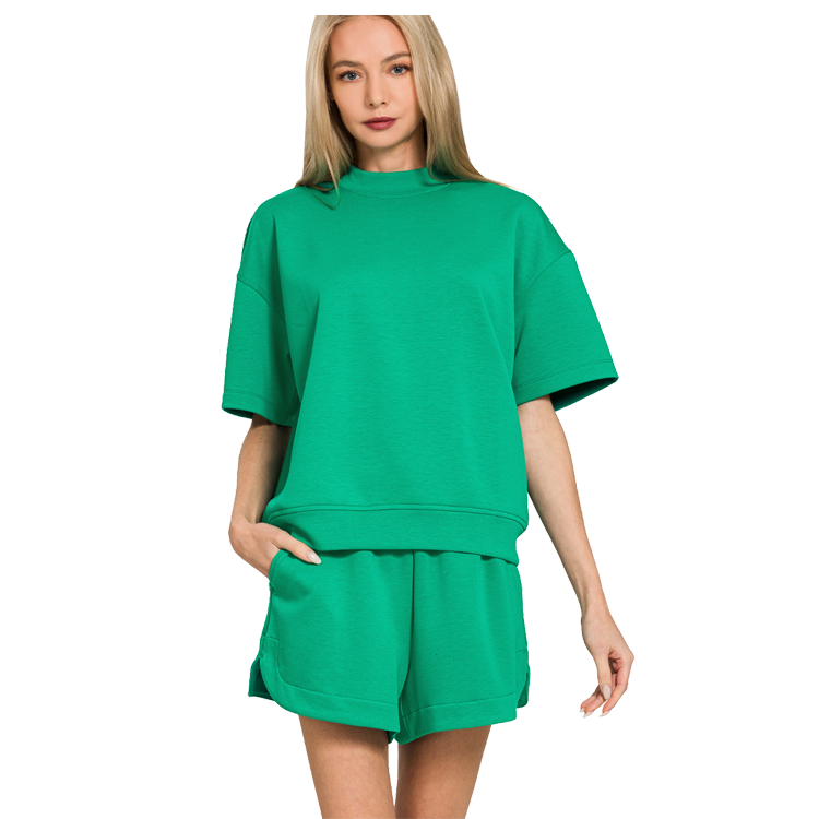 Zenana Scuba High Neck Top & Dolphin Shorts Kelly Green