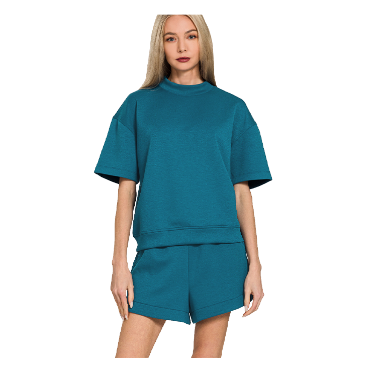 Zenana Scuba High Neck Top & Dolphin Shorts - Teal