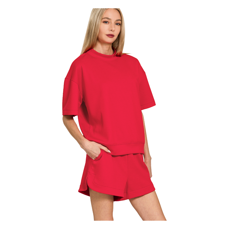 Zenana Scuba High Neck Top & Dolphin Shorts Ruby