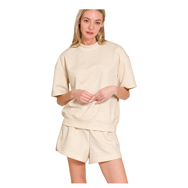 Zenana Scuba High Neck Top & Dolphin Shorts Sandy Beige