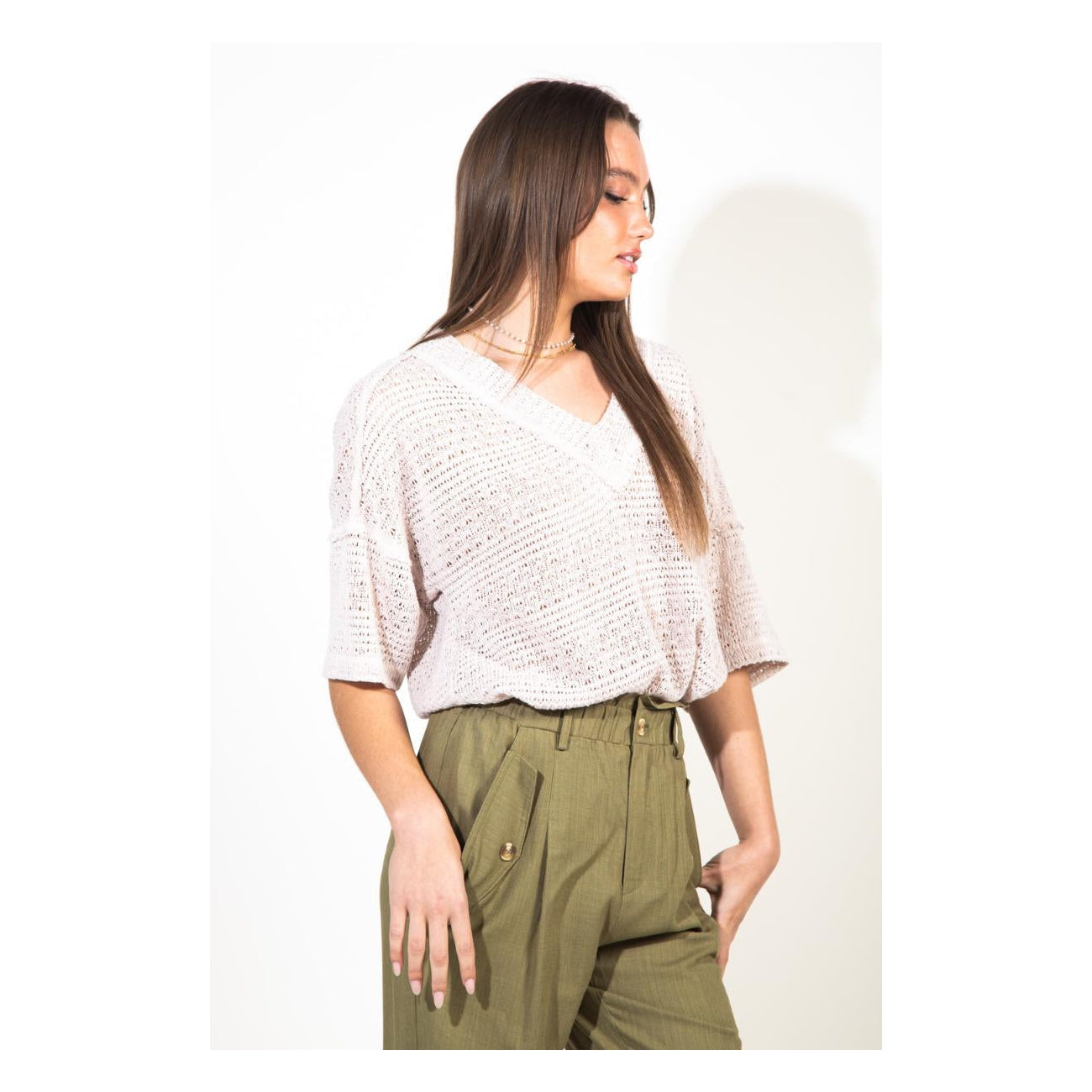 Top Waffle Knit Raw Edge V-Neck Taupe