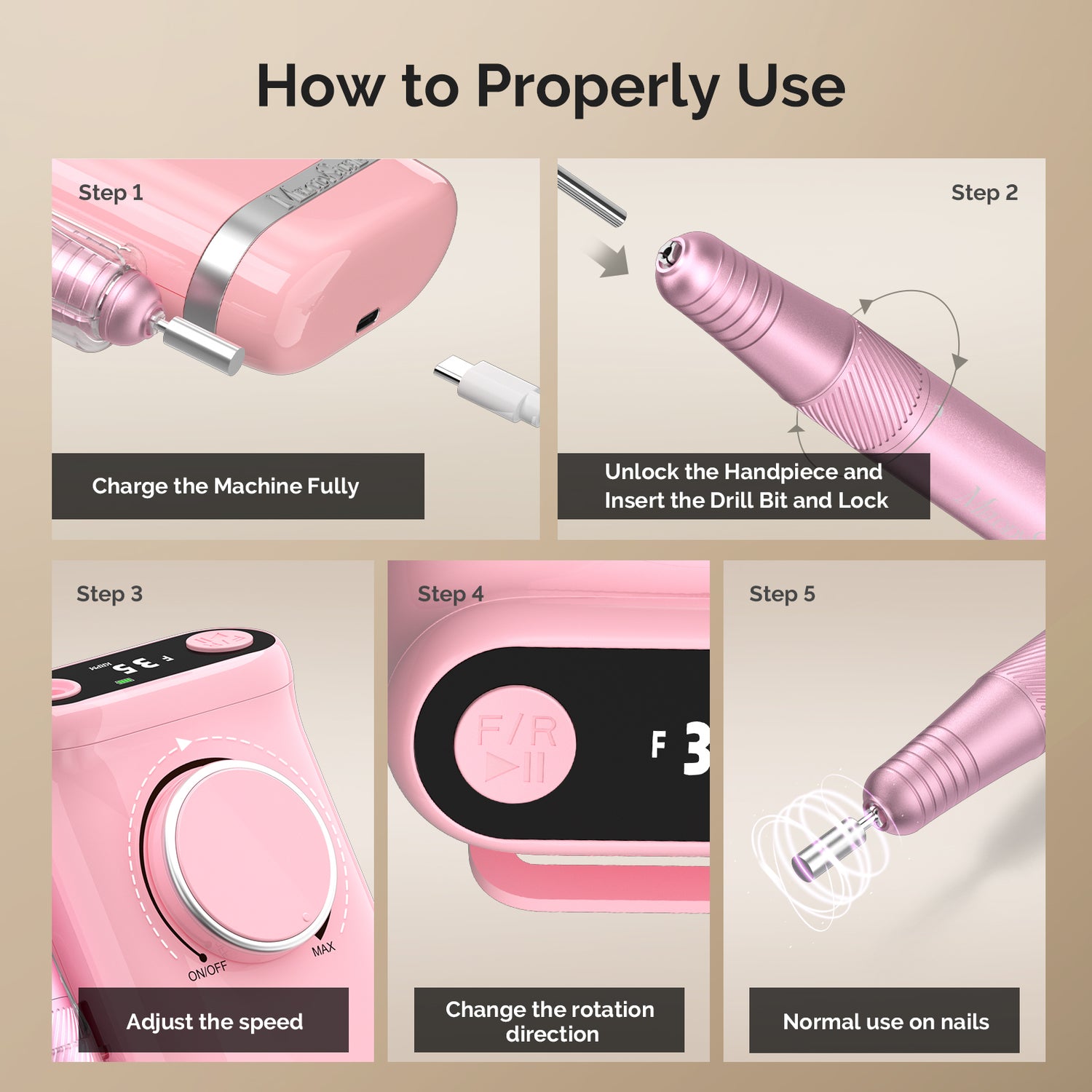MelodySusie SC300F Rechargeable Nail Drill 30000RPM - Pink