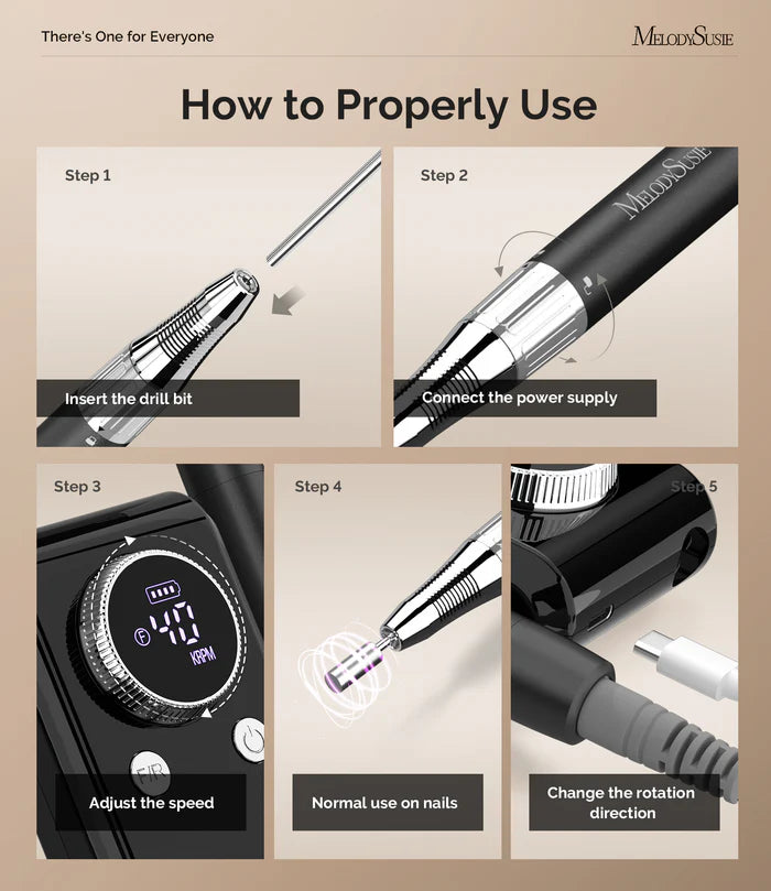 MelodySusie MB420G Rechargeable Nail Drill 40000RPM - Black - PinkPro Beauty Supply