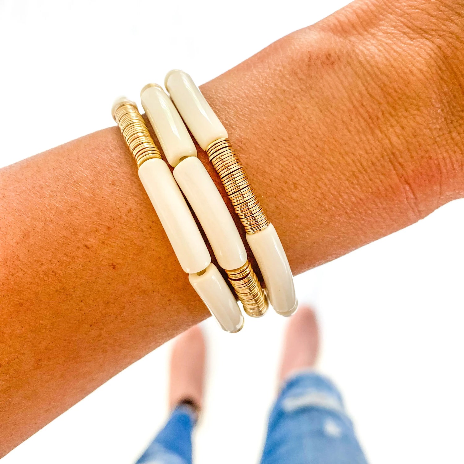 Bracelet Gold Small Tube Bamboo: Ivory