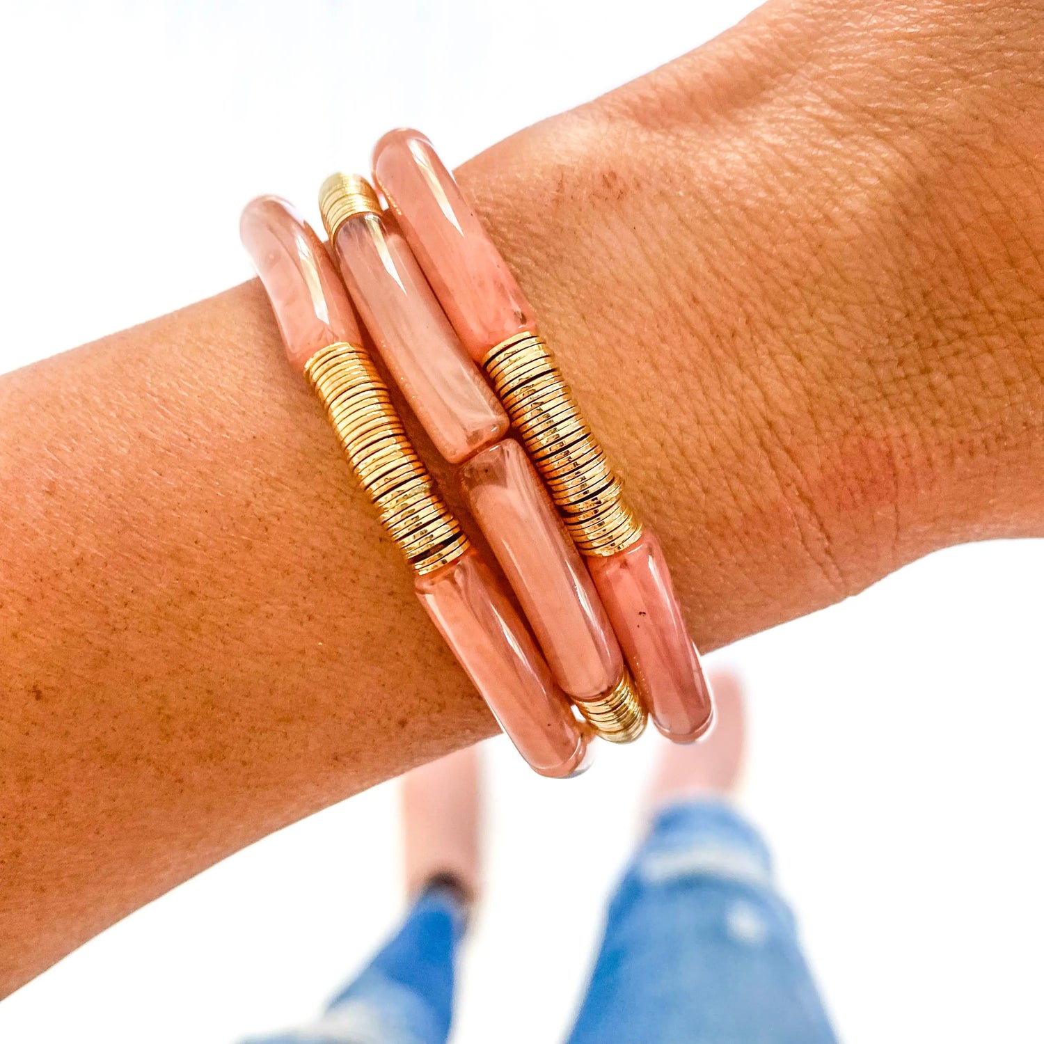 Bracelet Gold Small Tube Bamboo: Peach