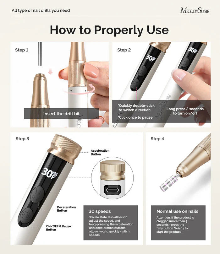 MelodySusie Recharge Portable & Stepless Speed Rechargeable Nail Drill 30000RPM - White - PinkPro Beauty Supply