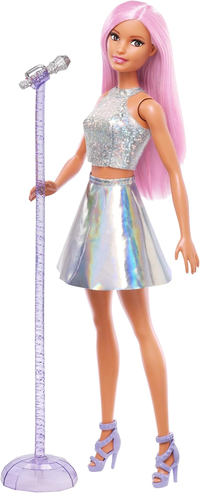 Barbie Pop Star with Pink Hair Wearing Iridescent Skirt with Microphone