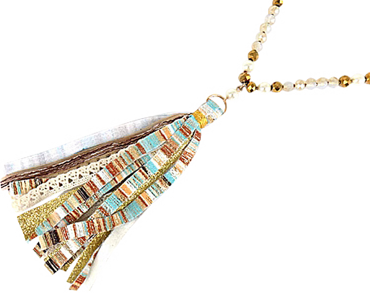 Serape Tassel Glass Bead Necklace Set Neutral Multi