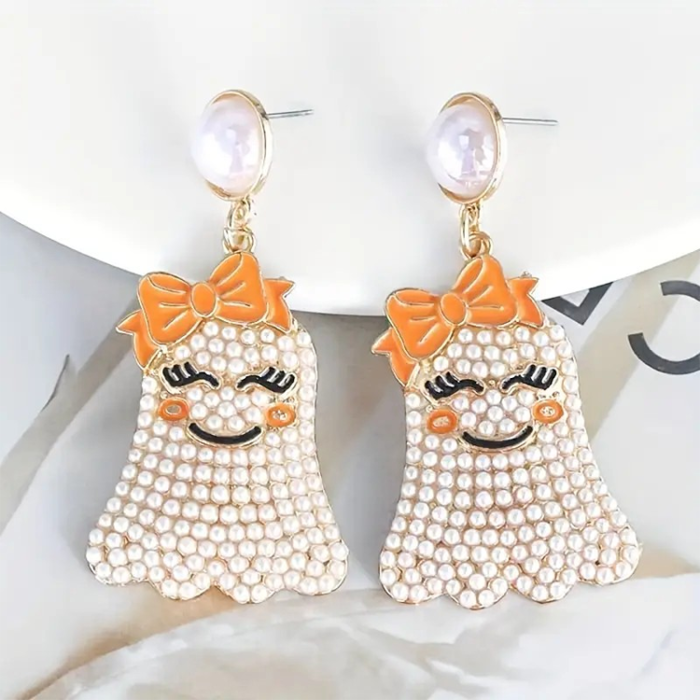 Cute Ghost Girl Halloween Earrings - Orange