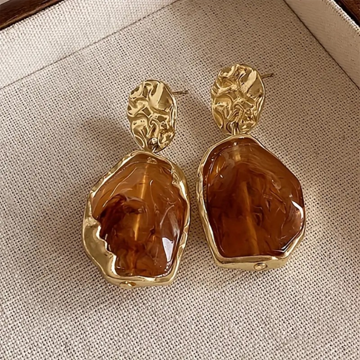 Gold Drop Earrings with Tiger's Eye Inspired Amber Resin