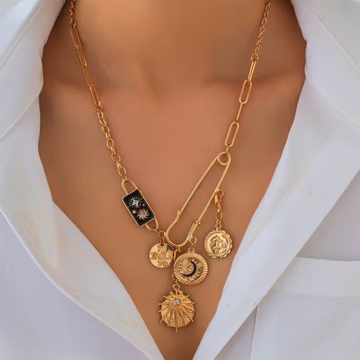 Necklace Charm Gold Paperclip - Sun & Moon