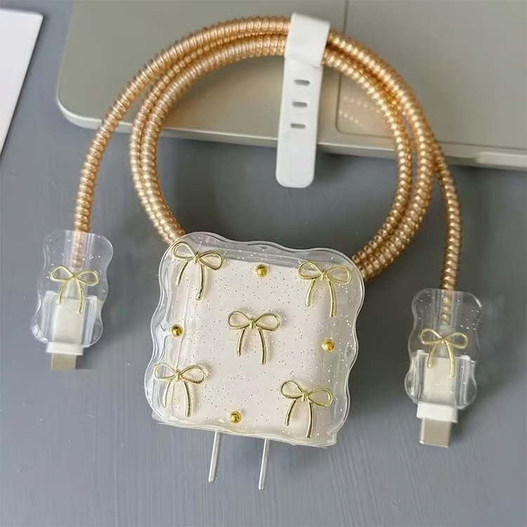 Cell Phone Charger Cover Set - Golden Bows
