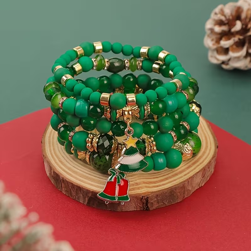 Green Beaded Christmas Charm Bracelet Set - 5-Piece
