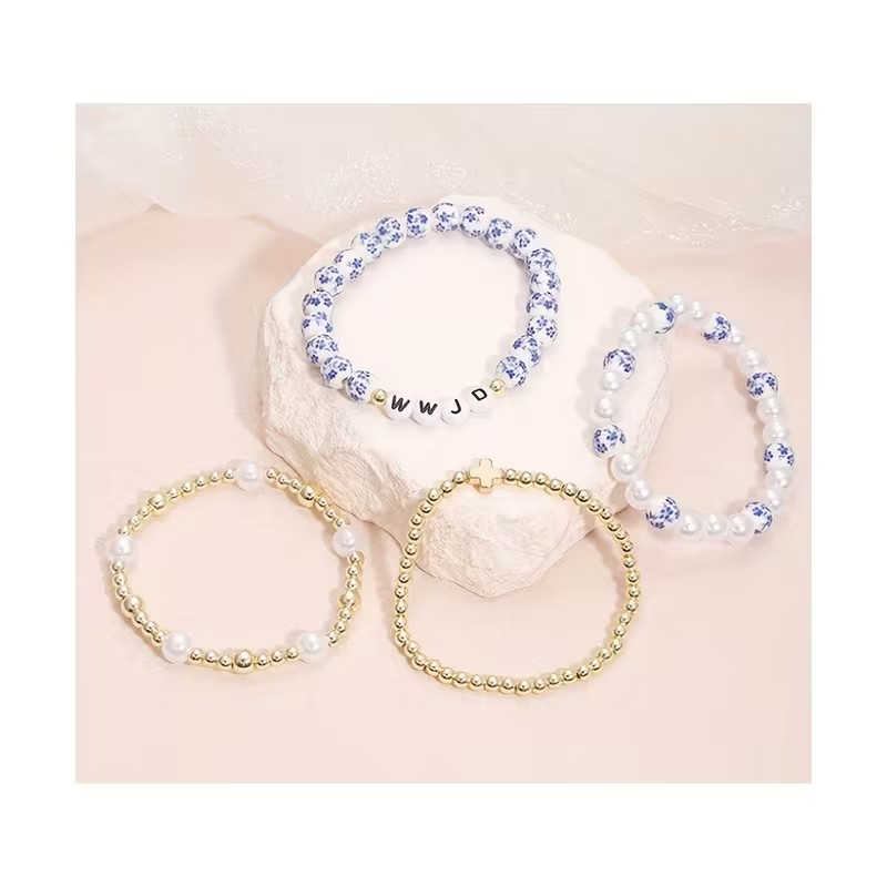 Bracelet Set 4 Piece WWJD Blue Floral Pearl