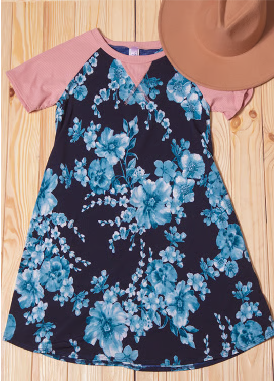Dress Pocketed Raglan Floral Blue Small