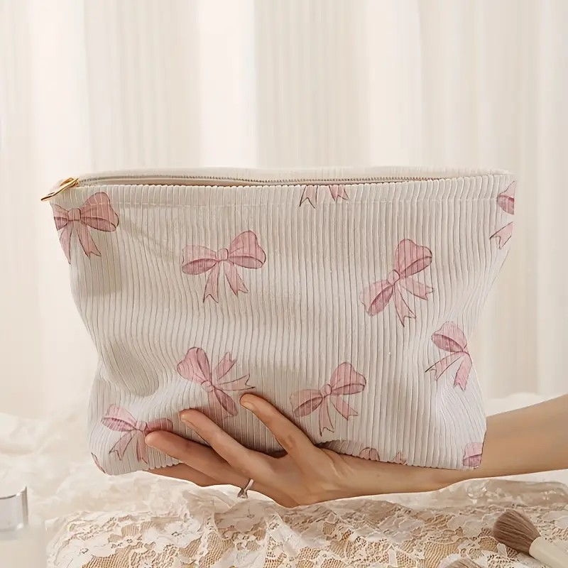 Corduroy Pink Bow Bag Cosmetic Bag - PinkPro Beauty Supply