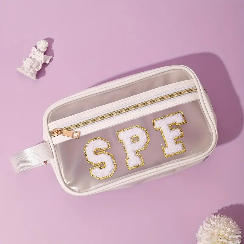 Embroidered SPF Bag Clear with White Trim - PinkPro Beauty Supply