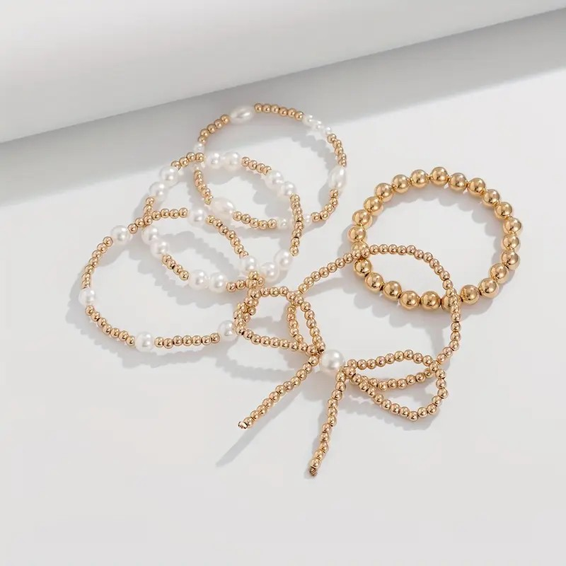 Gold Pearl & Bow Bracelet Set - 5 Piece Set - PinkPro Beauty Supply