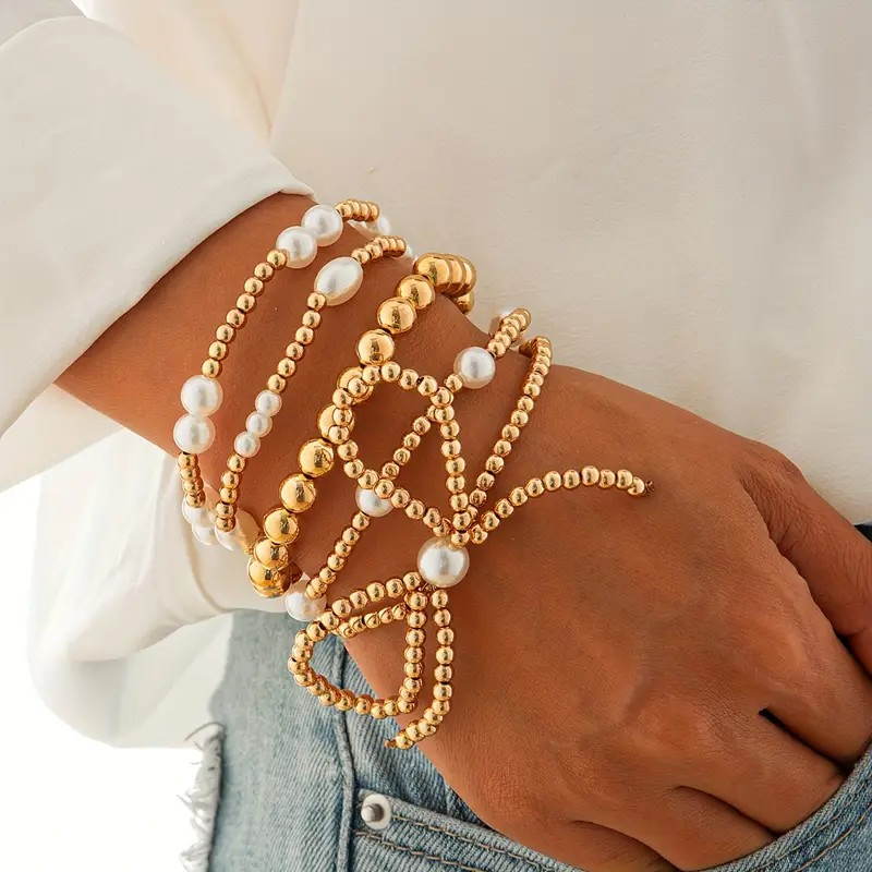 Gold Pearl & Bow Bracelet Set - 5 Piece Set - PinkPro Beauty Supply