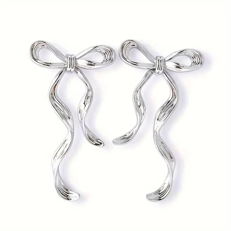 Silver Bow Knot Ribbon Dangle Earrings - PinkPro Beauty Supply