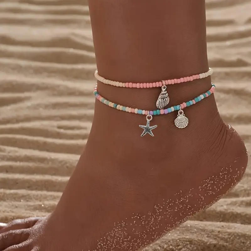 2 Piece Anklet Conch Starfish Summer Beach - PinkPro Beauty Supply
