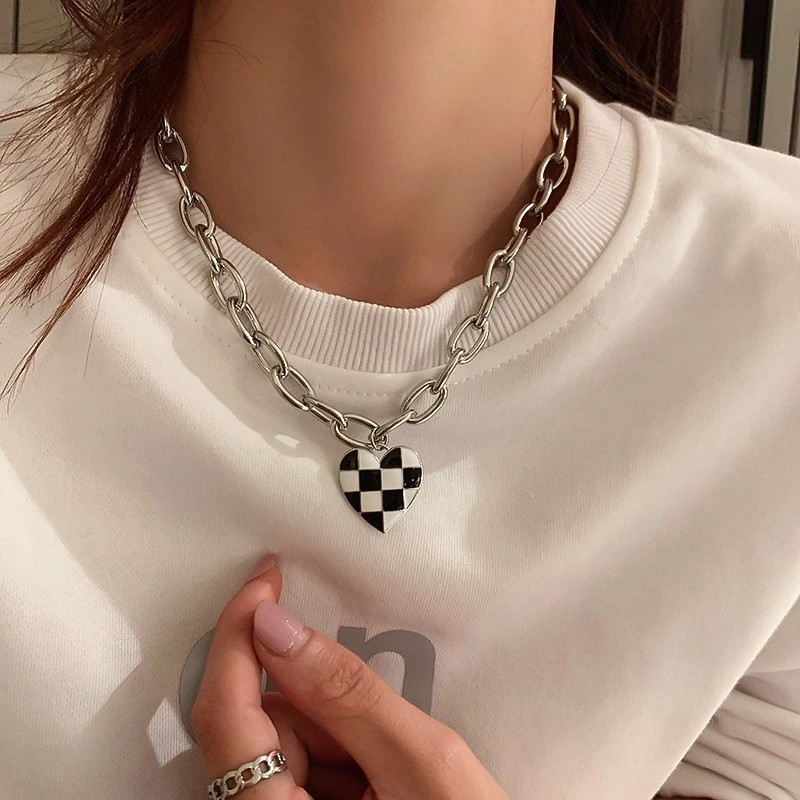 Checkered Black & White Heart Necklace - PinkPro Beauty Supply